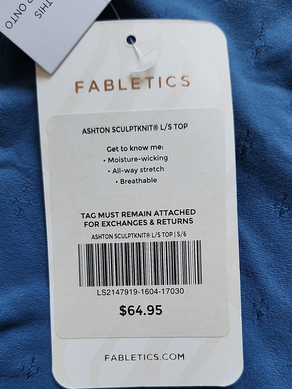 Fabletics Slate Blue Seamless Long Sleeve Crop Workout Top Thumbholes Size S NWT - Picture 8 of 8